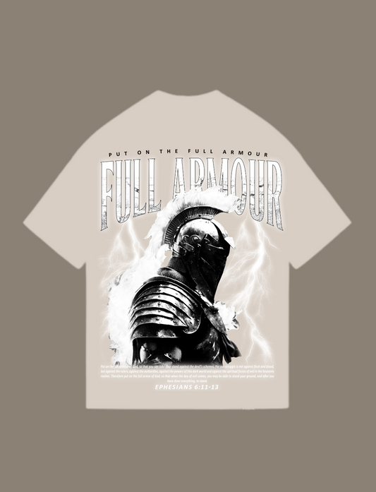 Armour of God Black and White Print on Beige T-Shirt