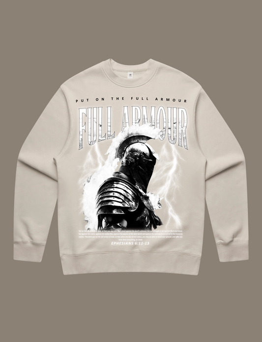 Armour of God Black and White Print on Beige Crewneck