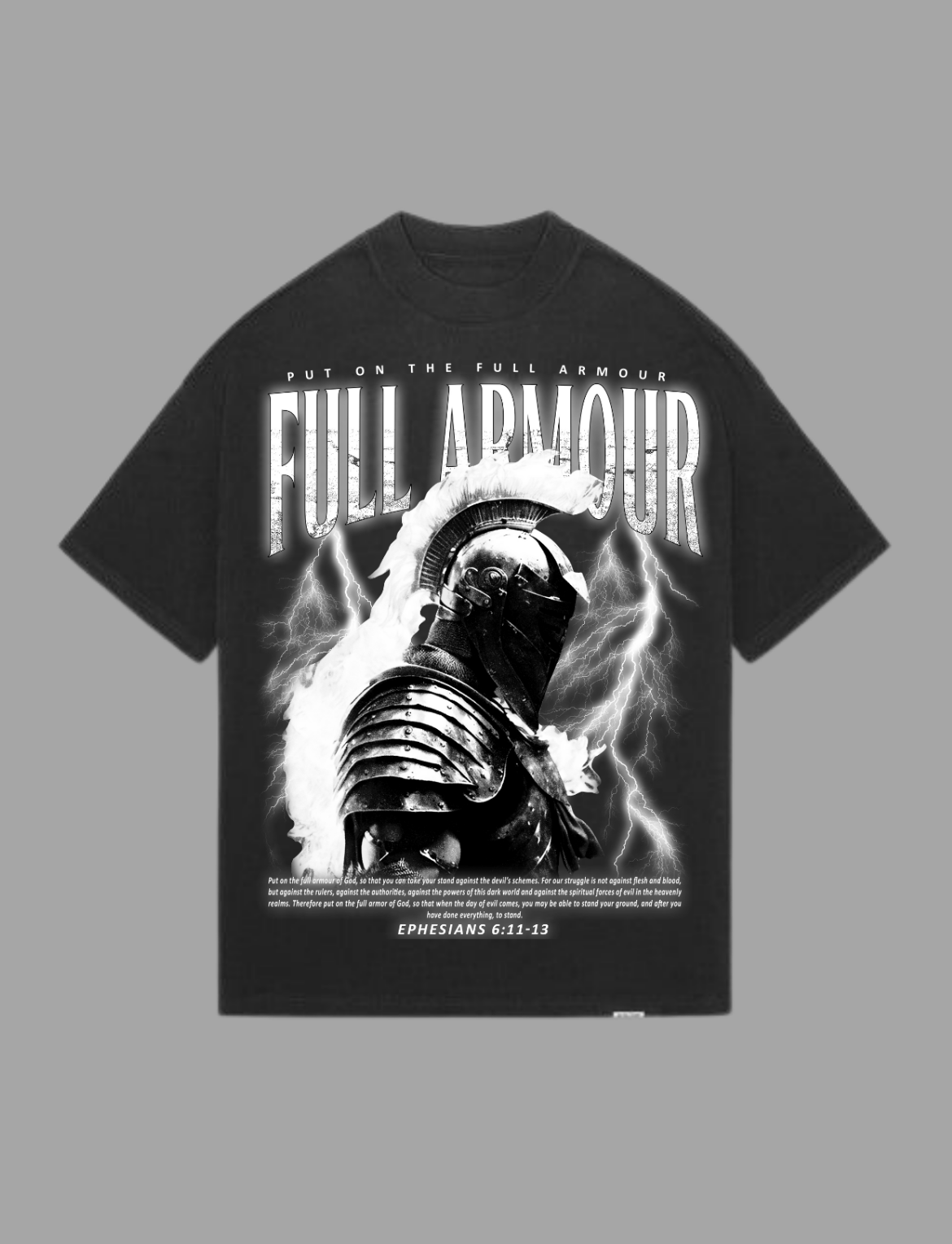 Armour of God Black and White Print on Faded Black T-Shirt