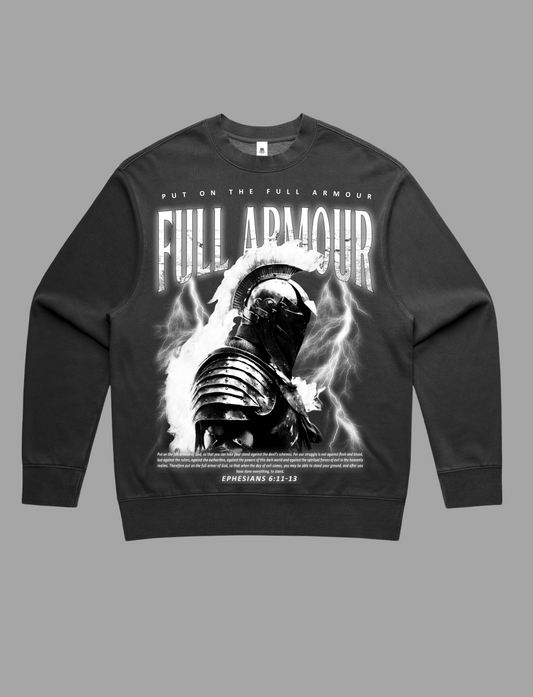 Armour of God Black and White Print on Faded Black Crewneck