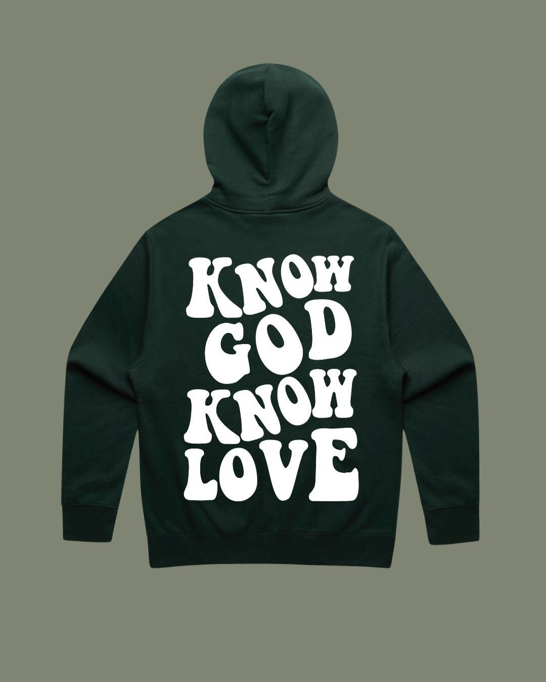 1409 Know God Know Love White on Emerald Green Hoodie