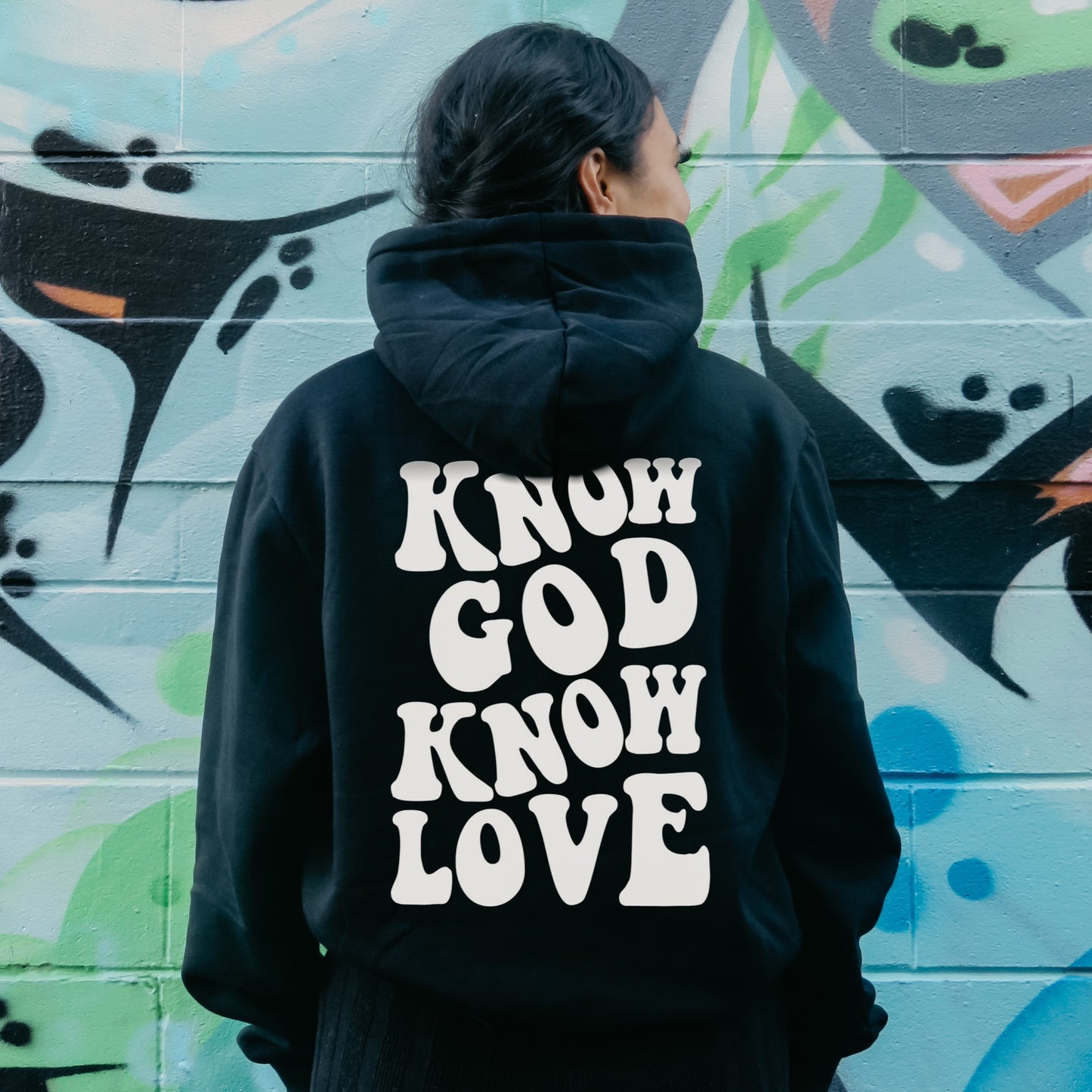 1409 Know God Know Love White on Black Hoodie