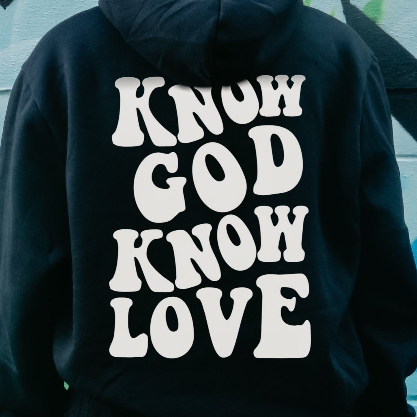 1409 Know God Know Love White on Black Hoodie