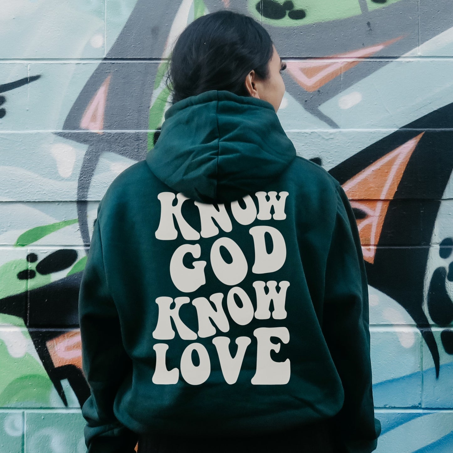 1409 Know God Know Love White on Emerald Green Hoodie