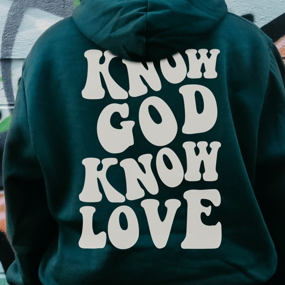 1409 Know God Know Love White on Emerald Green Hoodie